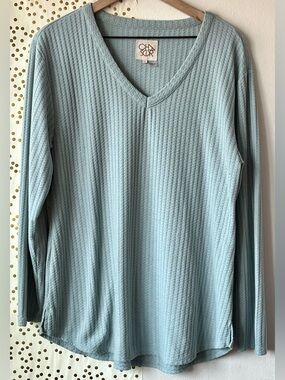 Chaser Light Blue Ribbed Thermal V-Neck Long Sleeve Top